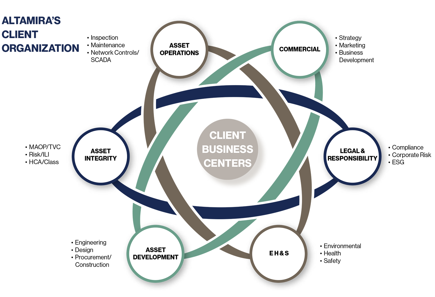 a diagram of Altamira 's client organization and client business centers.